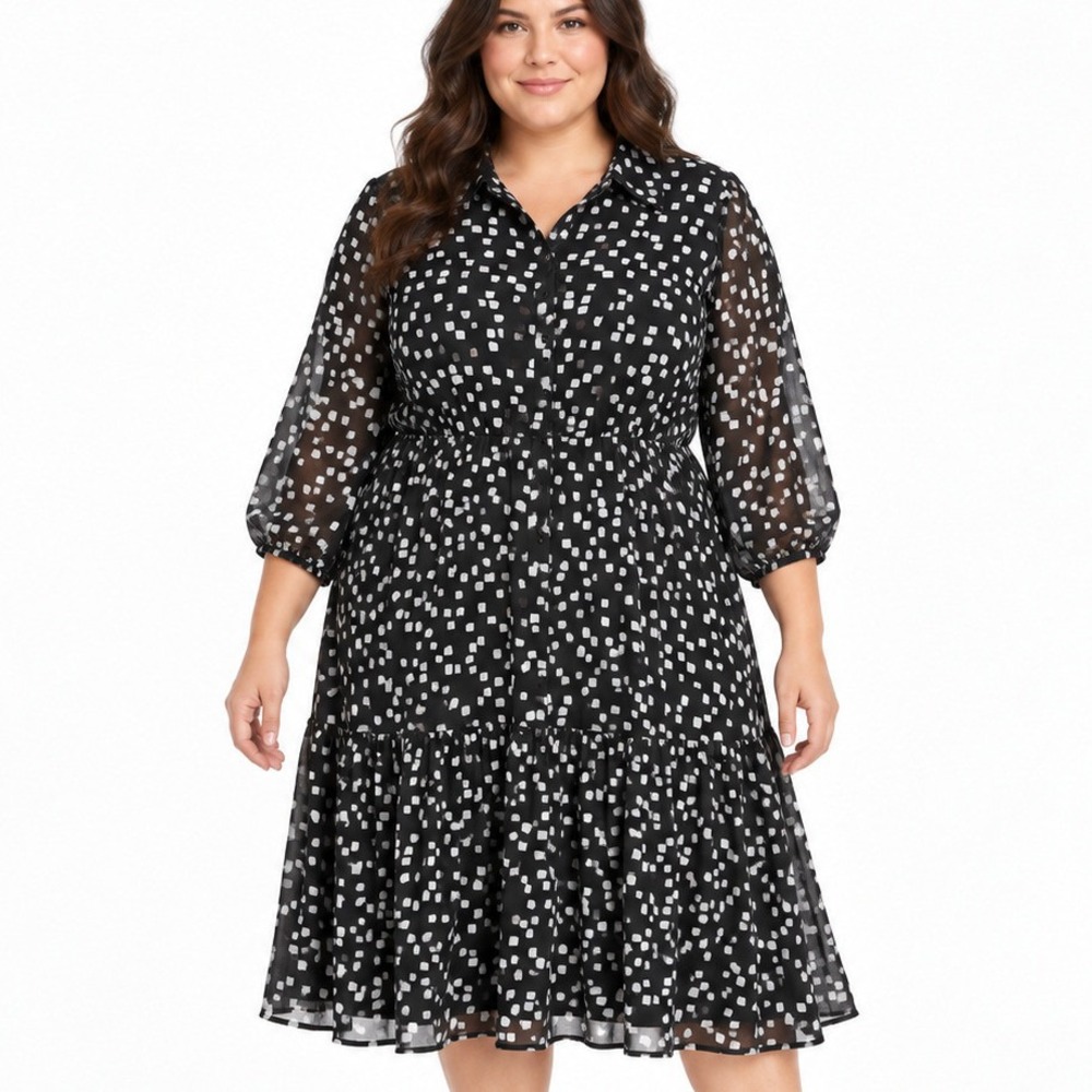 Torrid Black White Abstract Square Print Button Front Tiered Midi Dress 3 X